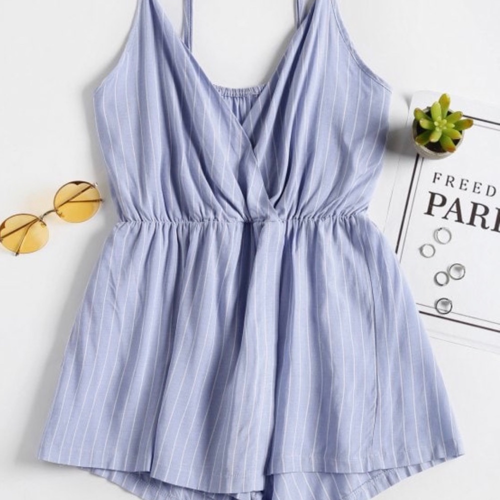 NWT Zaful Striped Overlap Romper {Blu/Wht} S